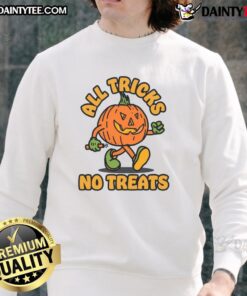 Funny Pumpkin sweatshirt with 'All Tricks No Treats' design, perfect for Halloween festivities and seasonal celebrations.