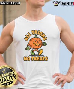 Funny pumpkin tank top for Halloween, featuring 'All Tricks No Treats' design in vibrant colors, perfect for festive wear.