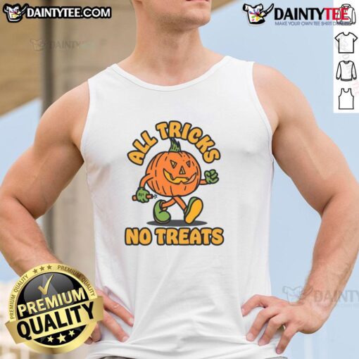 Funny pumpkin tank top for Halloween, featuring 'All Tricks No Treats' design in vibrant colors, perfect for festive wear.