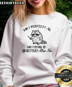 Funny raccoon wearing 'Am I Perfect? Am I Trying to Do Better? No' sweatshirt, showcasing quirky animal humor.