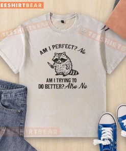 Funny raccoon wearing a no-washed t-shirt, pondering perfection and self-improvement in a humorous pose.
