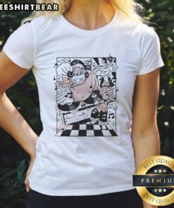 Funny retro Donkey Kong DJ music battle graphic on a ladies tee featuring a rhythmic duo design.