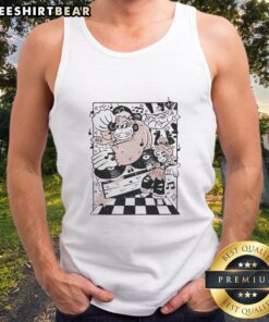 Funny retro Donkey Kong DJ music battle duo on a tank top, featuring vibrant graphics and a playful design.