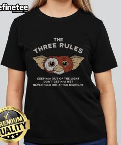 Funny retro Gizmo tee featuring the three rules from Gremlins, perfect for fans of classic movies and quirky fashion.