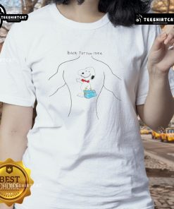 Funny Snoopy back tattoo idea on a ladies tee, showcasing a playful design perfect for cartoon lovers.