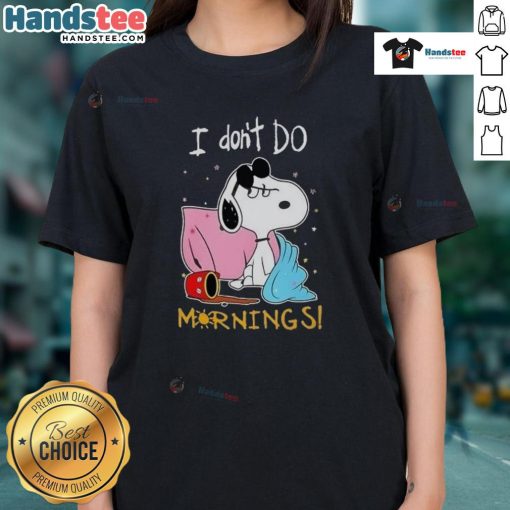 Alt Text: Funny Snoopy 'I Don't Do Mornings' ladies tee showcasing a playful design perfect for casual wear.