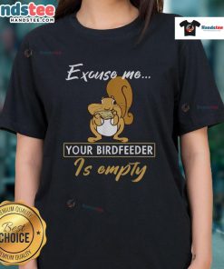 Alt Text: Funny squirrel looking at an empty bird feeder, perfect for a cute animal lovers' tee.