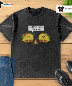 Alt Text: Funny Taco Tuesday pun on a washed t-shirt featuring vibrant taco graphics and playful text about Mexican food.