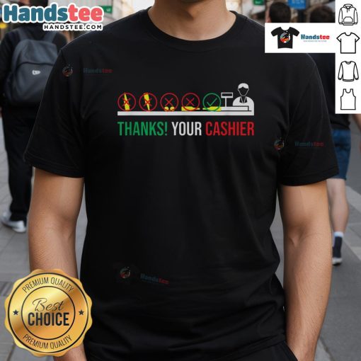 Funny 'Thank You Cashier' T-shirt design for grocery store checkout worker appreciation with humorous graphics.