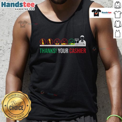 Funny 'Thank You' tank top for grocery store checkout workers, showcasing appreciation for cashiers with a humorous design.