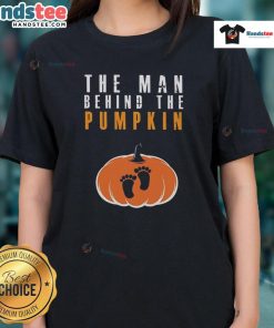 Funny Halloween ladies tee featuring 'The Man Behind The Pumpkin' design, perfect for festive celebrations and spooky style.