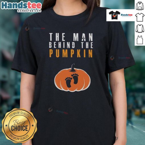 Funny Halloween ladies tee featuring 'The Man Behind The Pumpkin' design, perfect for festive celebrations and spooky style.