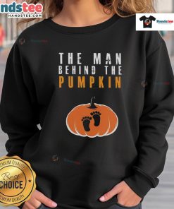 Alt Text: Funny Halloween sweatshirt featuring 'The Man Behind The Pumpkin' design, perfect for festive fall celebrations.