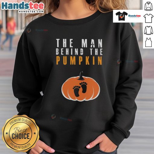 Alt Text: Funny Halloween sweatshirt featuring 'The Man Behind The Pumpkin' design, perfect for festive fall celebrations.