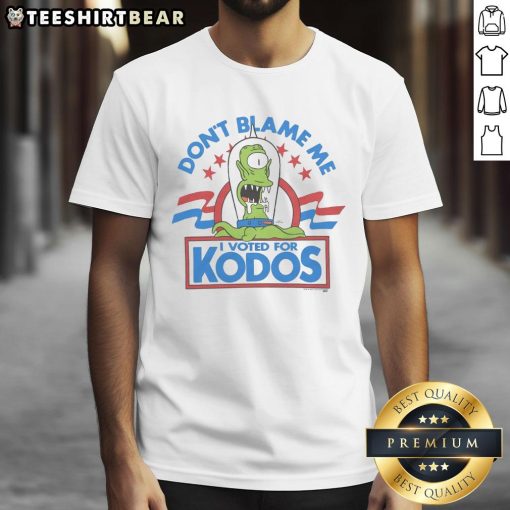 Funny The Simpsons 'Don't Blame Me I Voted For Kodos' T-Shirt featuring iconic characters and humorous design.