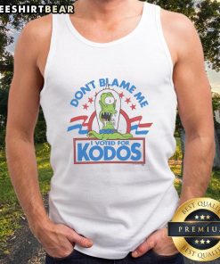 Alt Text: Funny The Simpsons Don't Blame Me, I Voted For Kodos tank top design featuring iconic characters and humorous text.