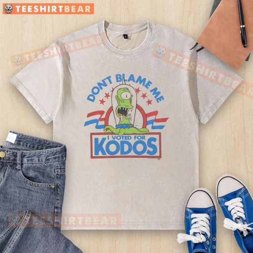 Alt Text: Funny The Simpsons Don't Blame Me I Voted For Kodos washed t-shirt featuring iconic cartoon design for fans.