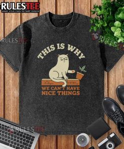 Alt Text: Funny This Is Why We Can't Have Nice Things cat washed T-shirt design featuring a playful cat illustration.