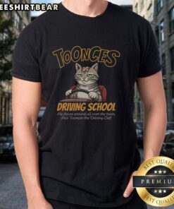 Alt Text: Funny Toonces Driving School T-Shirt featuring Toonces the cat behind the wheel, perfect for cat lovers and humor fans.