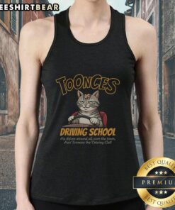 Alt Text: Funny Toonces Driving School tank top featuring Toonces the cat behind the wheel, perfect for cat lovers and humor fans.