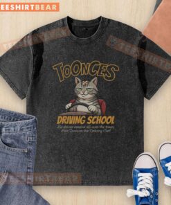 Alt Text: Funny Toonces Driving School t-shirt featuring Toonces the cat humorously behind the wheel, perfect for cat lovers.