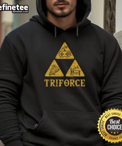 Funny Triforce gaming pizza sleep hoodie featuring a playful design for gamers enjoying pizza and relaxation.
