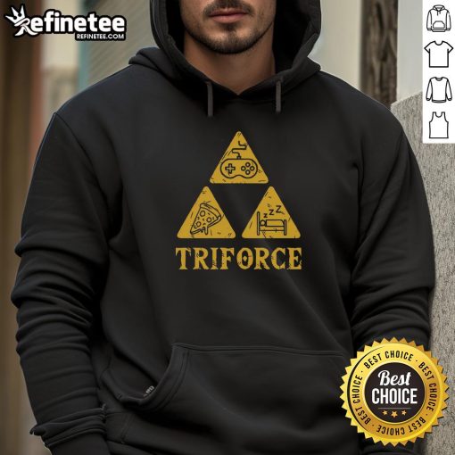 Funny Triforce gaming pizza sleep hoodie featuring a playful design for gamers enjoying pizza and relaxation.