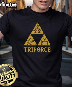 Funny Triforce Gaming Pizza Sleep T-Shirt featuring a playful design for gamers who love pizza and comfort.