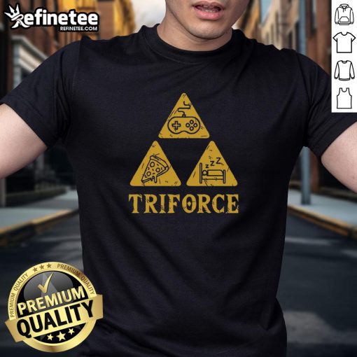 Funny Triforce Gaming Pizza Sleep T-Shirt featuring a playful design for gamers who love pizza and comfort.