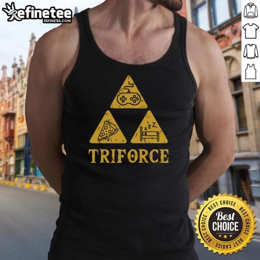 Alt Text: Funny Triforce Gaming Pizza Sleep Tank Top featuring a playful design for gamers and pizza lovers.