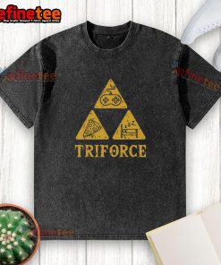 Alt Text: Funny Triforce Gaming Pizza Sleep washed T-shirt featuring a playful design for gamers and pizza lovers.
