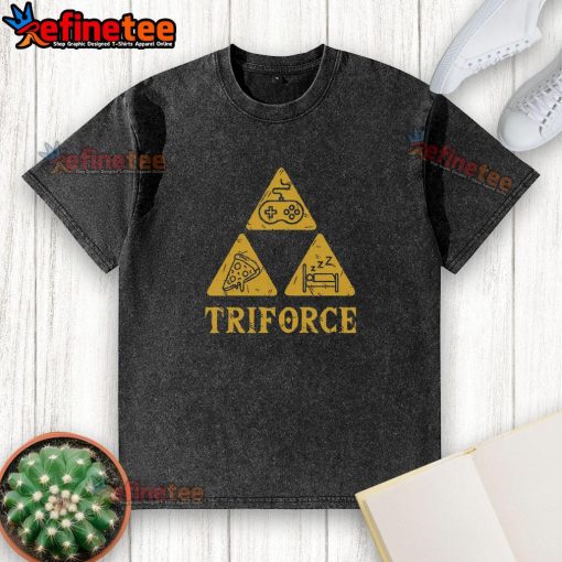 Alt Text: Funny Triforce Gaming Pizza Sleep washed T-shirt featuring a playful design for gamers and pizza lovers.
