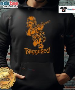 Alt Text: Funny triggered tiger soldier parody cartoon hoodie featuring a cartoon tiger in military gear, vibrant colors and humor.