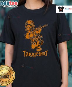 Funny triggered tiger soldier parody cartoon on a ladies tee, showcasing humor and unique design for animal lovers.