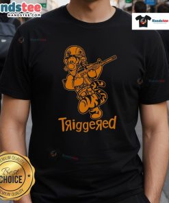 Funny Triggered Tiger Soldier parody cartoon T-shirt featuring a comical tiger in military gear, perfect for humor lovers.