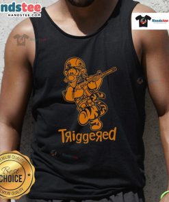 Funny triggered tiger soldier parody cartoon tank top featuring a humorous tiger in military gear with vibrant colors.