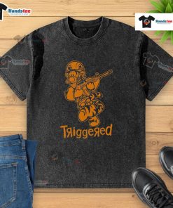 Funny triggered tiger soldier parody cartoon on a washed t-shirt, perfect for humor lovers and animal-themed apparel.