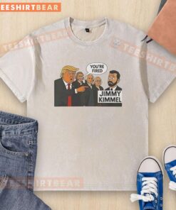 Funny Trump Jimmy Kimmel 'You're Fired' sarcastic washed t-shirt design featuring humorous text and playful graphics.