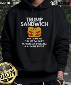 Funny Trump sandwich hoodie featuring white bread stuffed with baloney, perfect for humor and political satire fans.