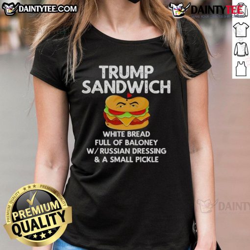 Funny Trump sandwich on white bread, loaded with baloney, featured on a ladies' tee shirt design.