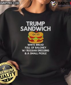 Funny Trump sandwich sweatshirt featuring white bread filled with baloney, perfect for humor and political satire lovers.