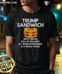 Funny Trump sandwich t-shirt featuring white bread loaded with baloney, perfect for humorous political apparel.