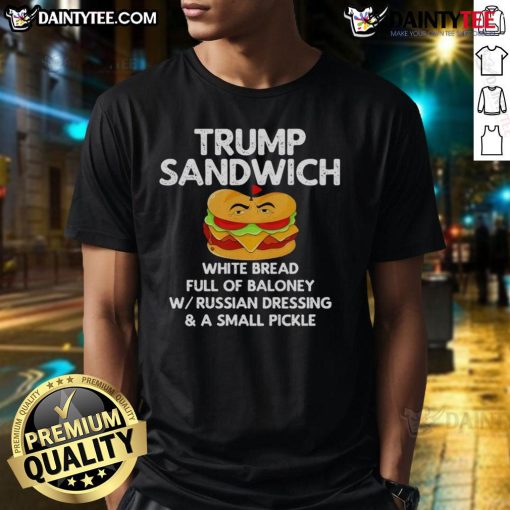 Funny Trump sandwich t-shirt featuring white bread loaded with baloney, perfect for humorous political apparel.