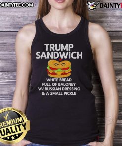 Funny Trump sandwich on white bread, overflowing with baloney, featured on a trendy tank top design.