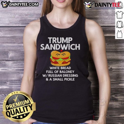 Funny Trump sandwich on white bread, overflowing with baloney, featured on a trendy tank top design.