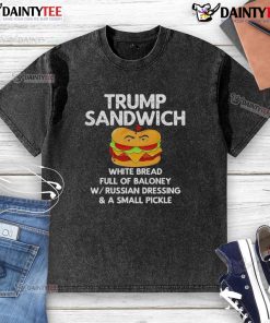 Funny Trump sandwich on white bread, filled with baloney, featuring a washed t-shirt design. Humorous political food art.