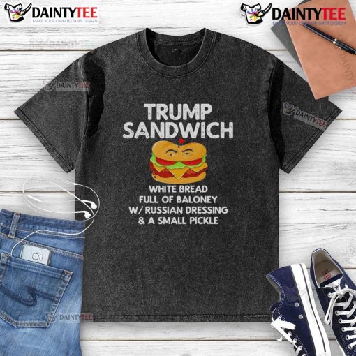 Funny Trump sandwich on white bread, filled with baloney, featuring a washed t-shirt design. Humorous political food art.