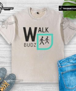 Funny Walk Budz logo on a washed t-shirt, featuring a playful design perfect for casual wear and laughter.