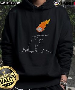 Two cats in a humorous apocalypse-themed hoodie reading 'We Needed This Meteor' perfect for cat lovers and funny apparel.