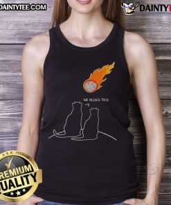 Two playful cats wearing a humorous 'We Needed This Meteor' tank top, perfect for cat lovers and apocalypse fans.